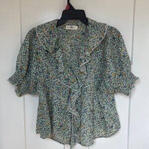NATURAL LIFE Floral Ruffle Blouse - Green and Yellow